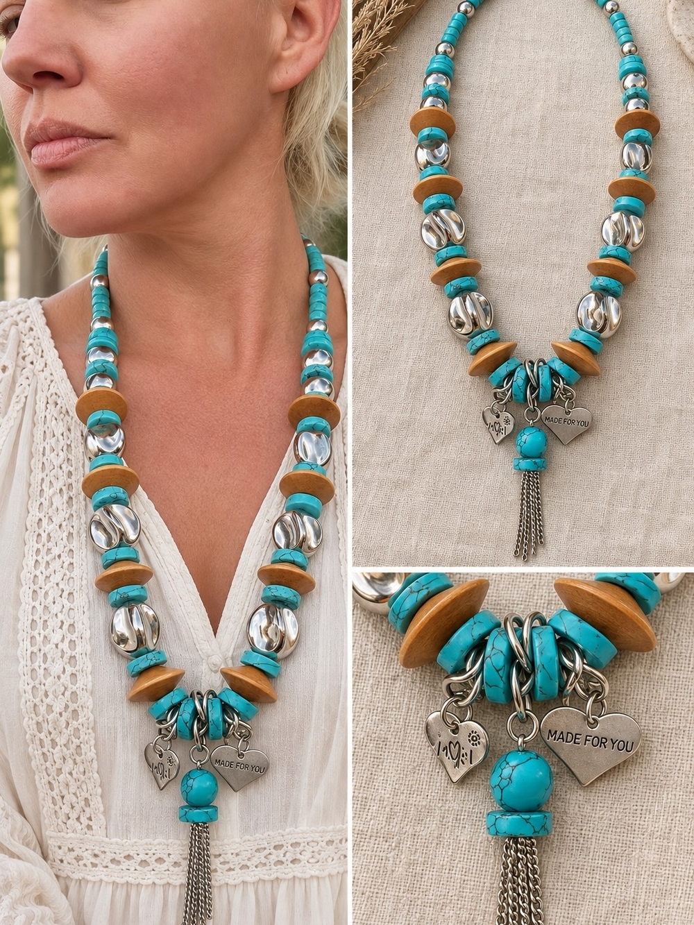 Turquoise and Tan Beaded Pendant Necklace - Unbranded